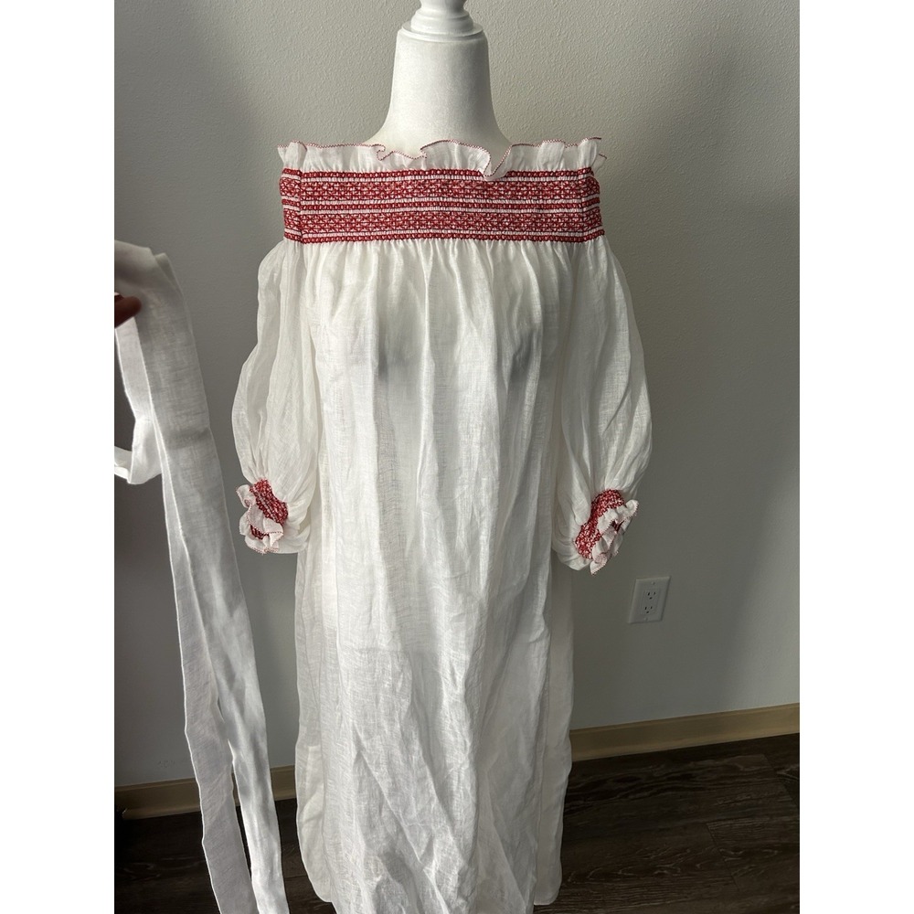 Lisa Marie Fernandez Off Linen Red Embroidered Dress Cottagecore Luxury Farm - Picture 3 of 7